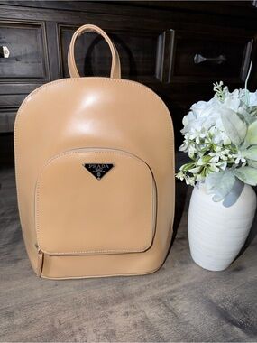 Designer Inspired Beige Backpack with Front Pocket